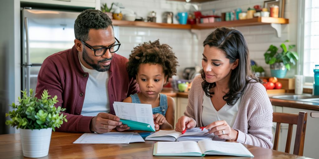 Parents and their young child reviewing financial documents together at a kitchen table, suggesting a family-focused financial planning moment.