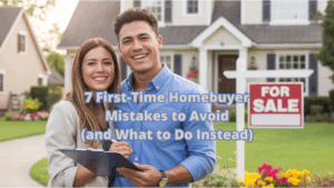 First-time homebuyer couple smiling in front of a house for sale with clipboard