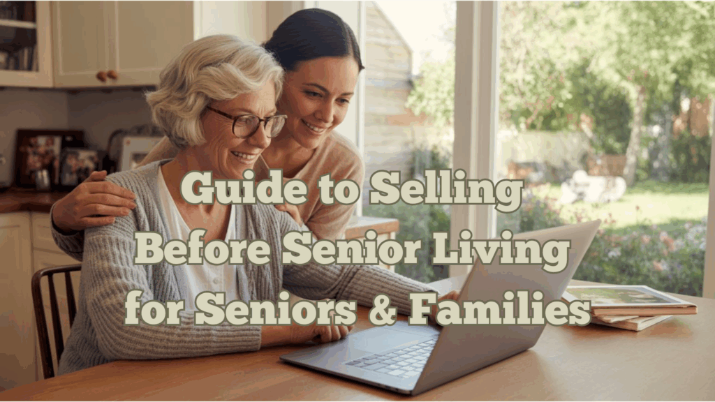 Senior woman and adult daughter smiling while looking at a laptop, preparing to sell a home before moving into senior living.