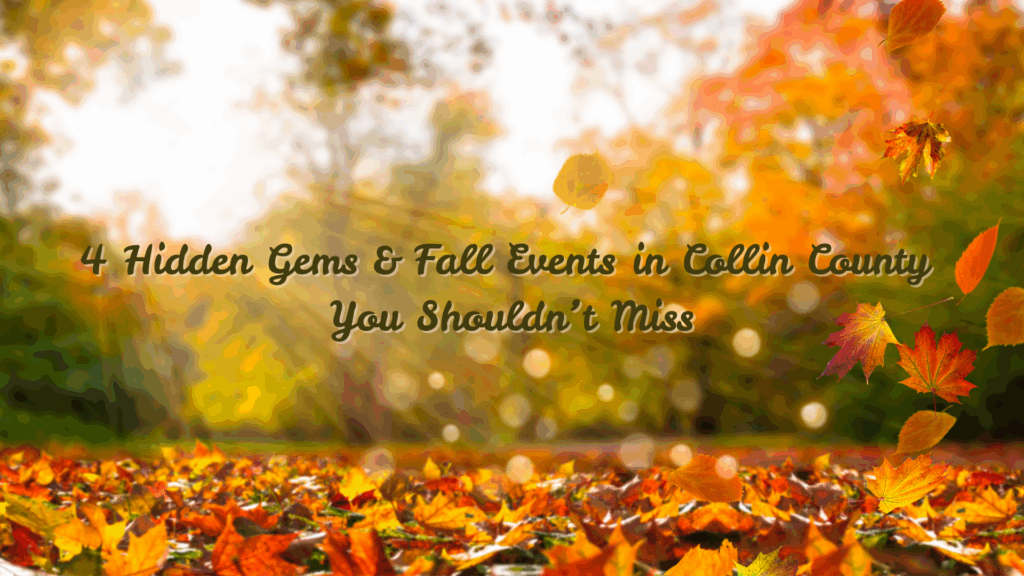 Autumn leaves scattered on the ground with golden sunlight streaming through the trees, highlighting the text “4 Hidden Gems & Fall Events in Collin County You Shouldn’t Miss.”