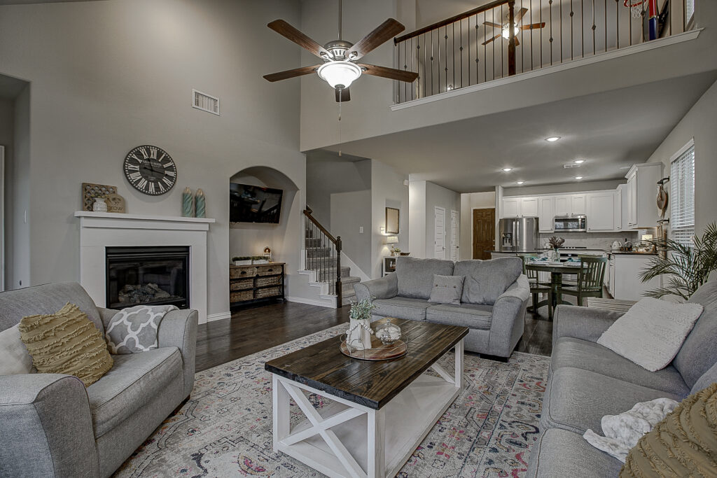 Fireplace and living room seating area