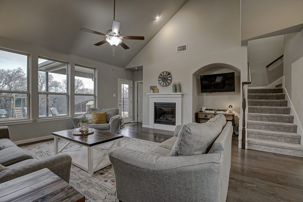 View from living room to kitchen and stairwell